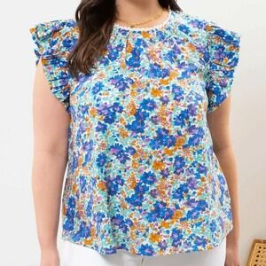 Perch by Blue Pepper Floral Flutter Sleeve‎ Tina Blouse Sz 2XL Blue Aqua Top